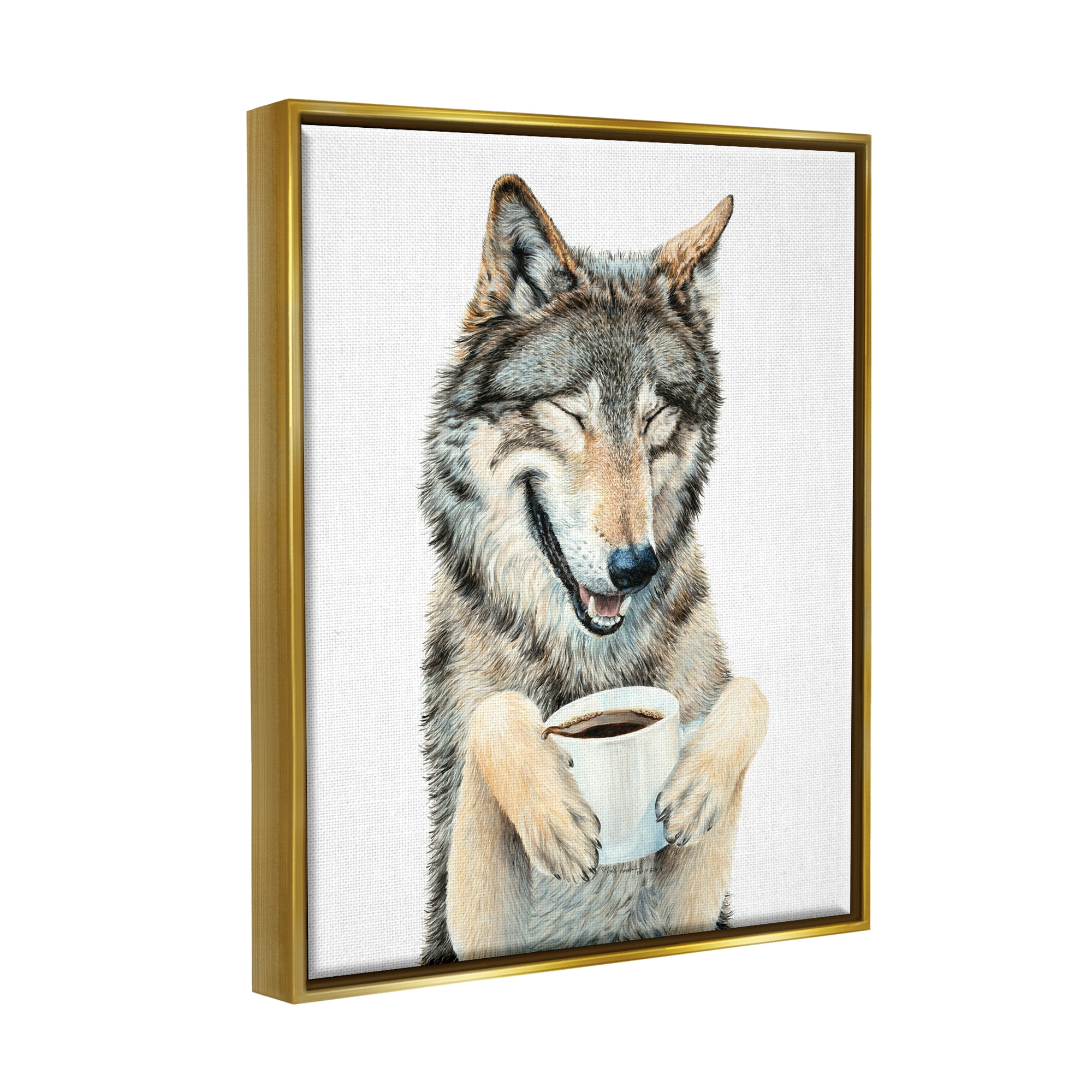 Stupell Industries Laughing Wolf with Coffee Animals & Insects Painting Gold Floater Framed Art Print Wall Art, 25 x 31