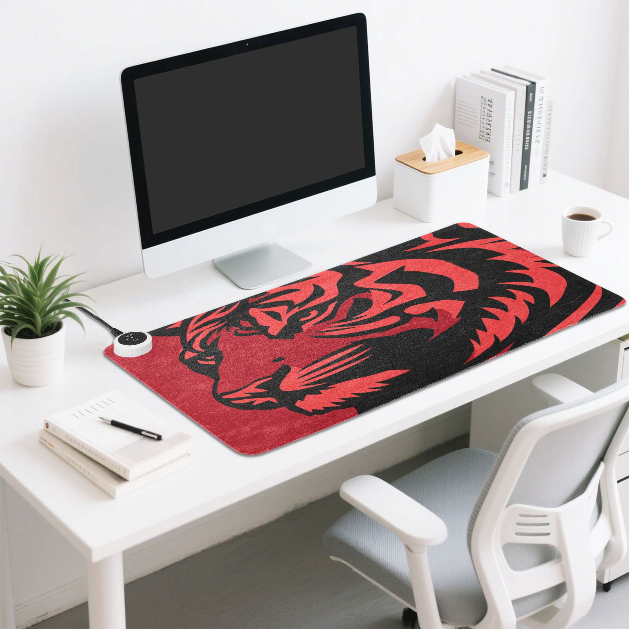 Large Heated Desk Mat Mouse Pad 31.5"x13"PU Leather Graphene Heating Desk Warmer with 3 Temperature Settings 110V US Plug Non-Slip Warm Pad for Home, Office, and Gaming Graphic Tiger Head Pattern