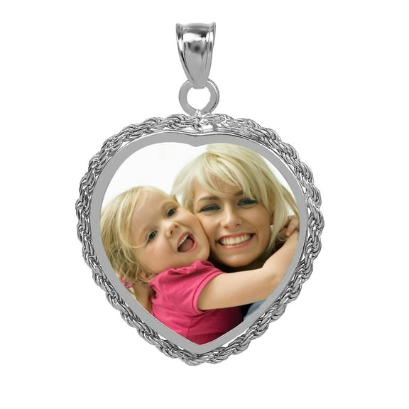 Personalized Heart-Shaped Color Photo Mother of Pearl Charm. With Rope Border in Sterling Silver or 14K Gold Plated Sterling Silver or 10K or 14K