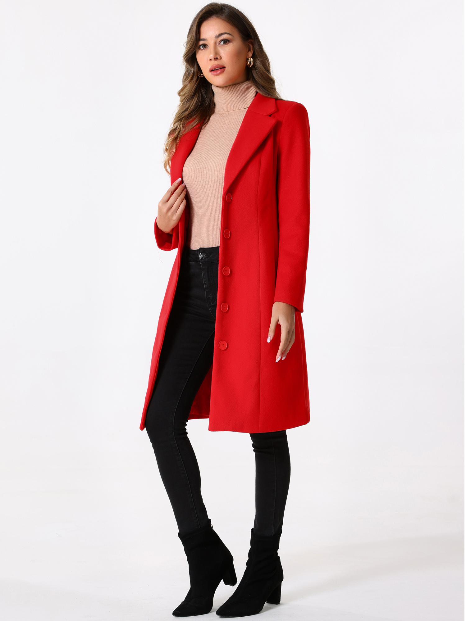 DARING DIVA Women's Winter Coats Lapel Collar Single Breasted Peacoat Red XS