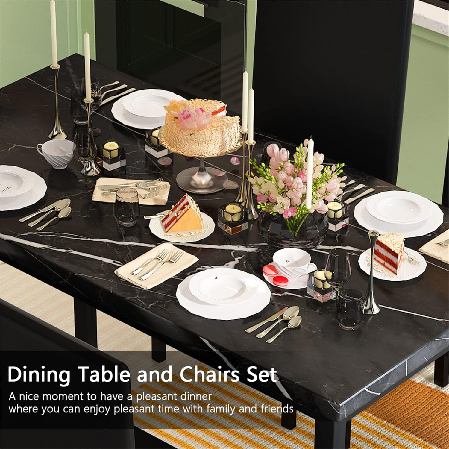 4-person dining table set, modern artificial marble dining table set, kitchen table and chair set of 4 pieces, with 4 PU leather chairs, suitable for small spaces, apartments, restaurants, black