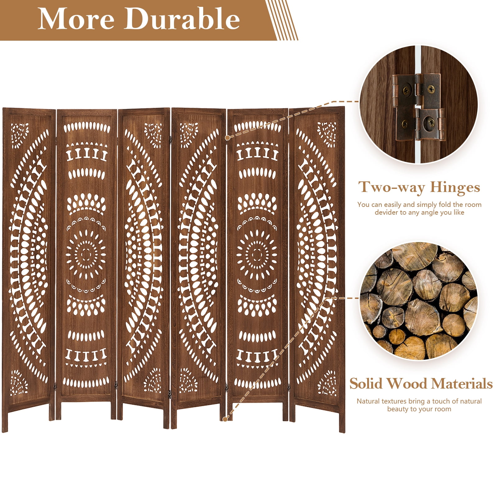 Aletheiawu 6 Panel Wood Carved Room Dividers and Folding Screens, No Mounting Require, Dark Brown