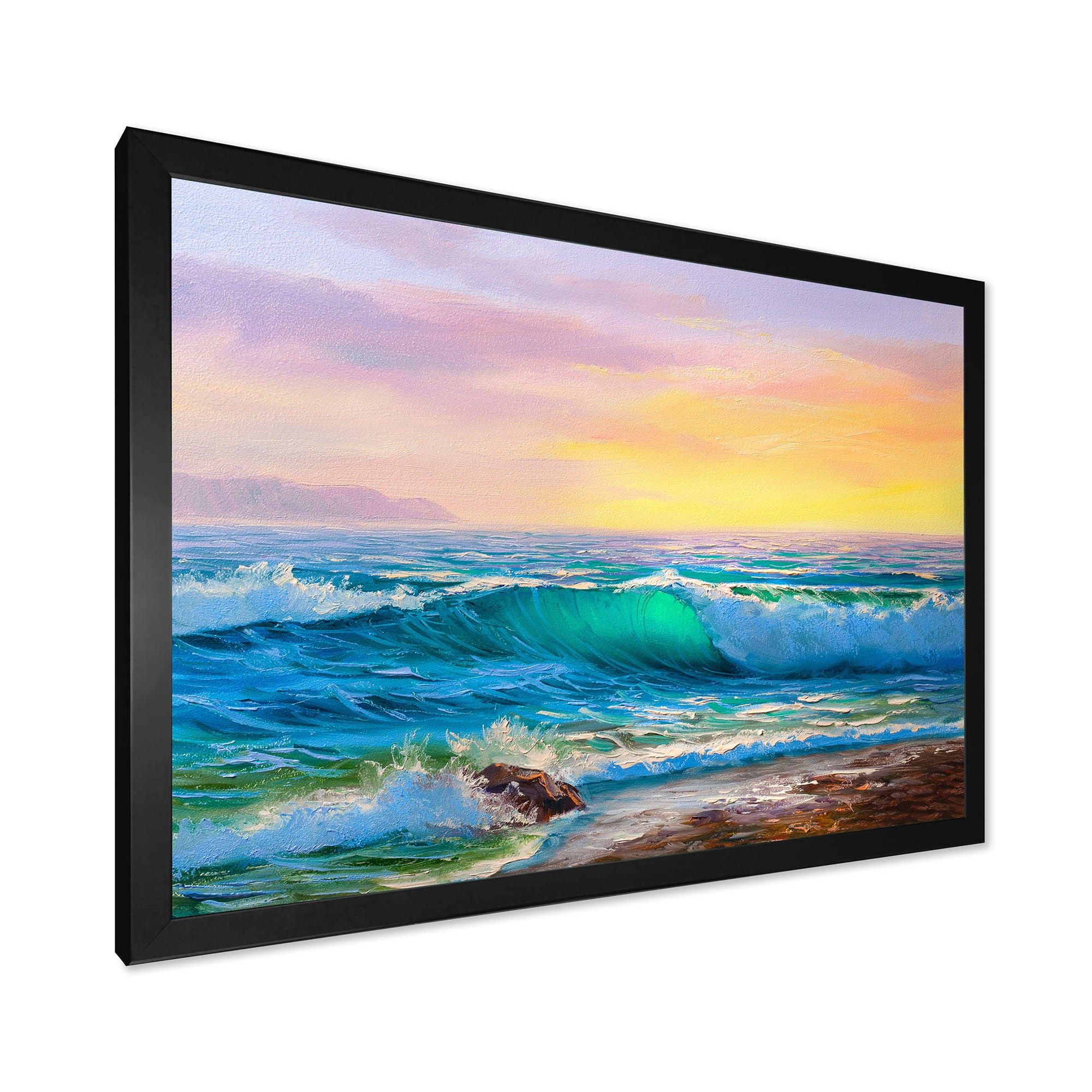 Designart 'Blue Waves Breaking At The Beach Landscape IV' Nautical & Coastal Framed Art Print
