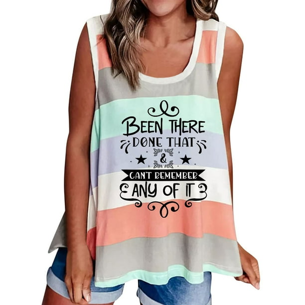 Moda mujer verano suelta sin mangas colorblock rayas letra impresión camiseta sin mangas Pompotops lopia993455