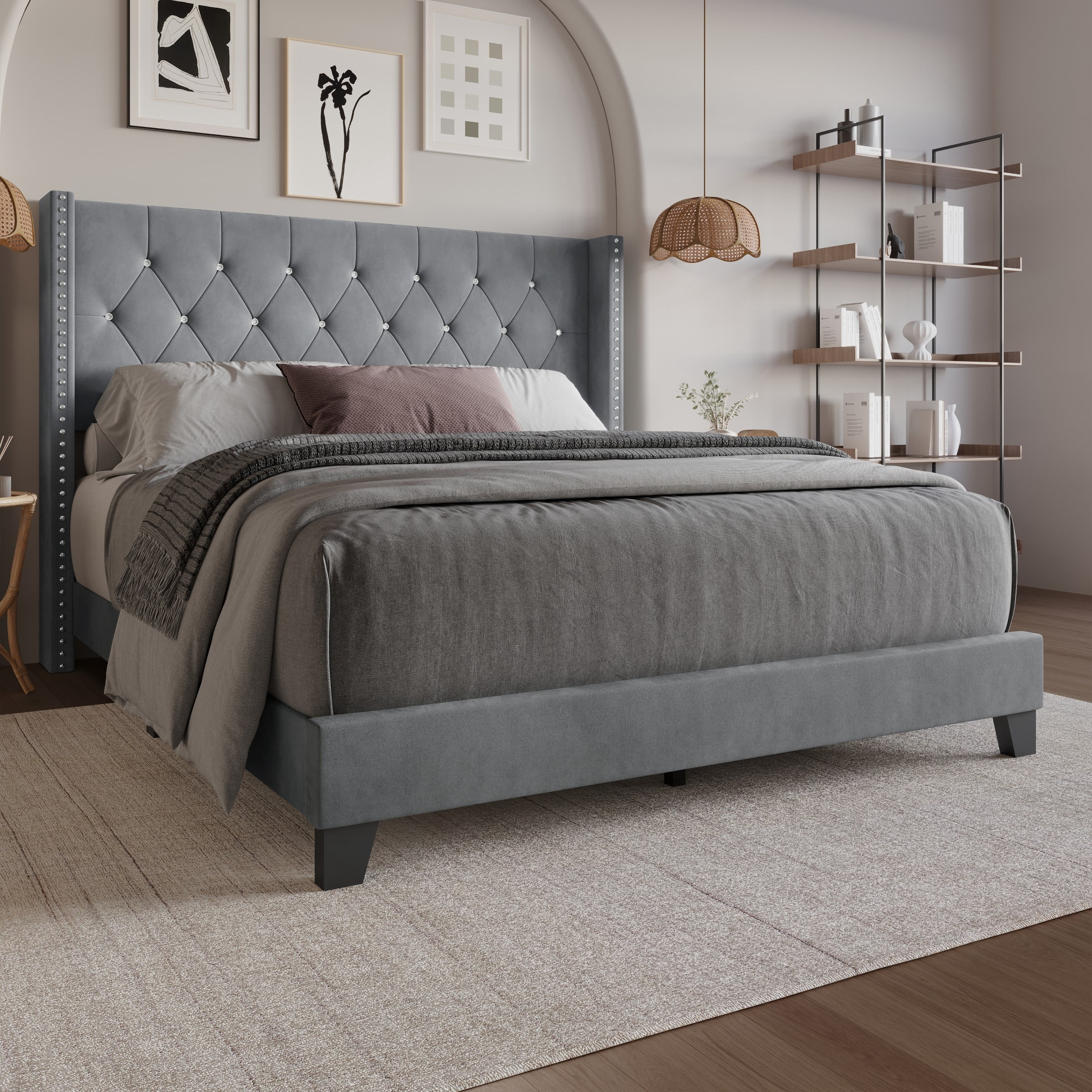 Home Design Monroe Twin Tufted Upholstered Wingback Panel Bed Frame with Diamond Tufting and Nailhead Trim for Adult Bedroom, Gray