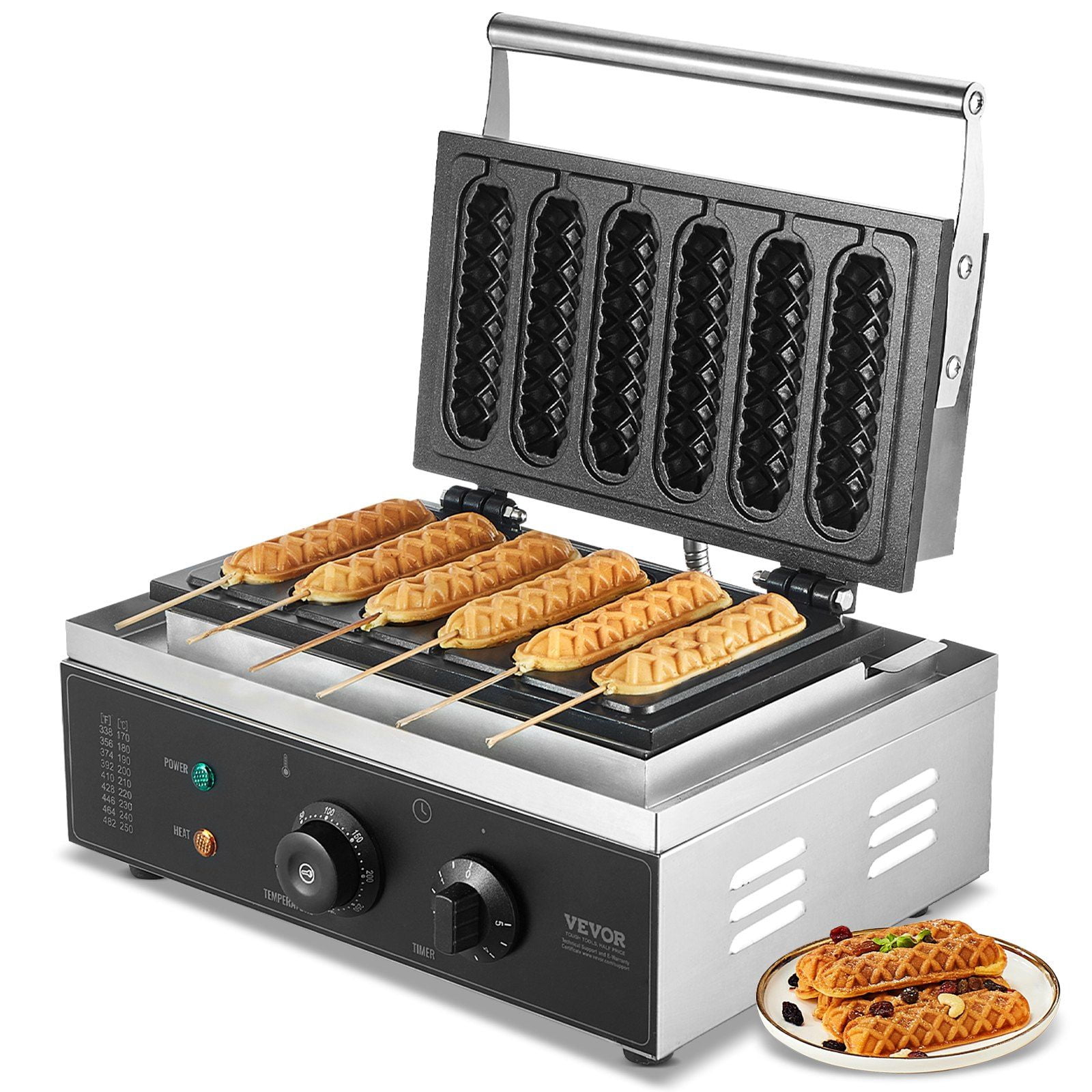Commercial 1500W Waffle Stick Maker, 6-Piece Hot Dog Waffle Iron with Adjustable Temperature & Timer Control, Non-Stick Stainless Steel Pan, Ideal for Restaurant Bakery Snack Bar Home Use