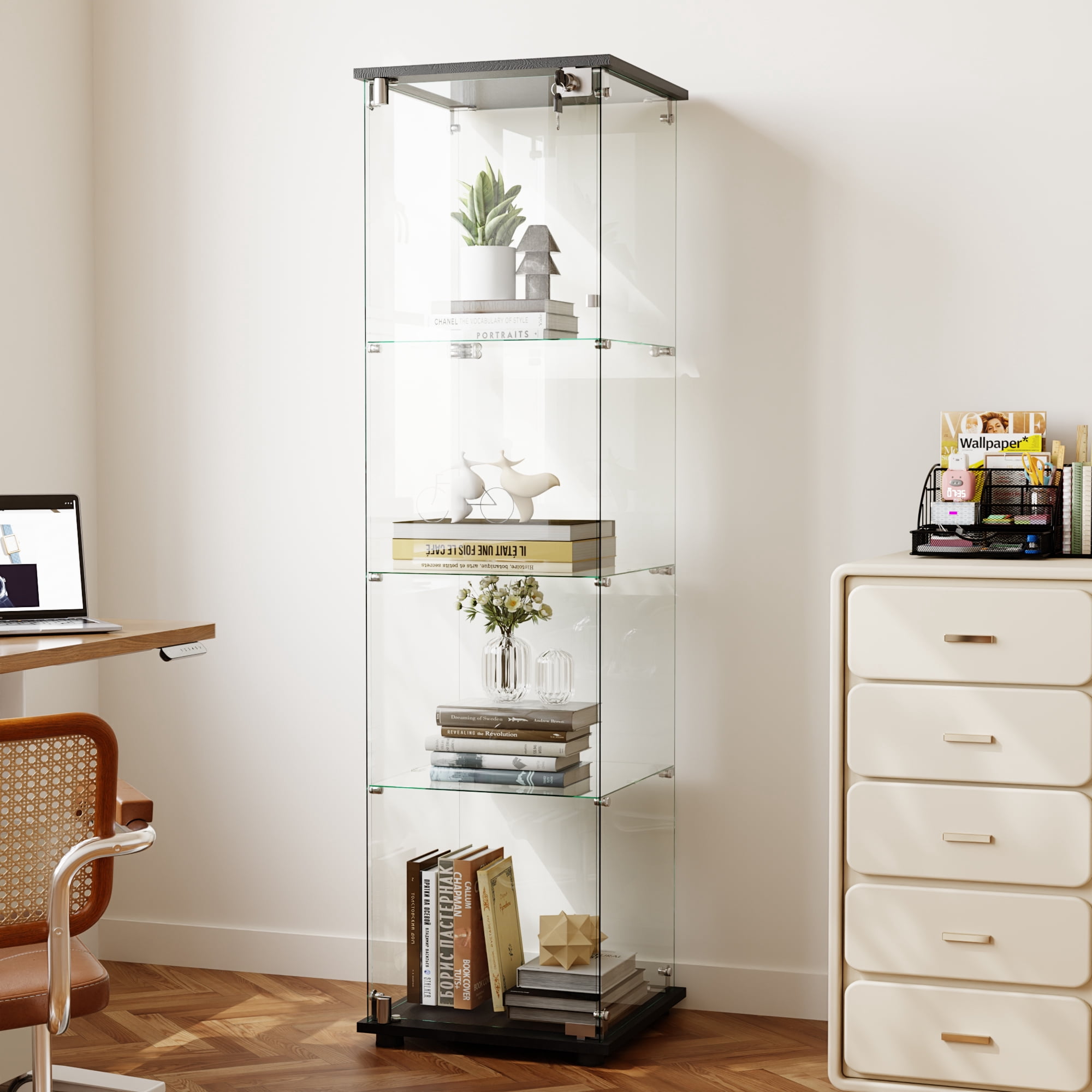 BEAUTYPEAK 64" Display Cabinet with Glass Doors, 4-Tier Single-Door Curio and Collection Showcase, Black