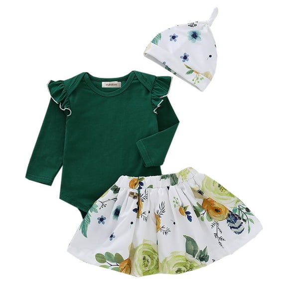 StylesILove Baby Girl Green Long Sleeve Romper and Floral Skirt with Matching Headband 3pcs Set Outfit (90/12-18 Months)