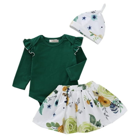 

StylesILove Baby Girl Green Long Sleeve Romper and Floral Skirt with Matching Headband 3pcs Set Outfit (80/6-12 Months)