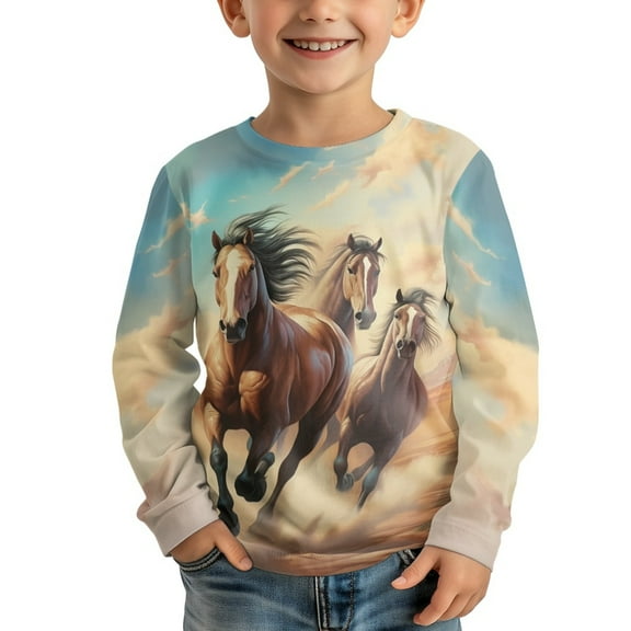 DISNIMO Running Horse Shirts for Boys Long Sleeve T Shirts for Kids Crew Neck Shirt Kids Tops Boys Long Sleeve Clothes for Boys Soft Tshirts Kids Sportswear Boys Casual Shirts Size 3-4 Tshirs