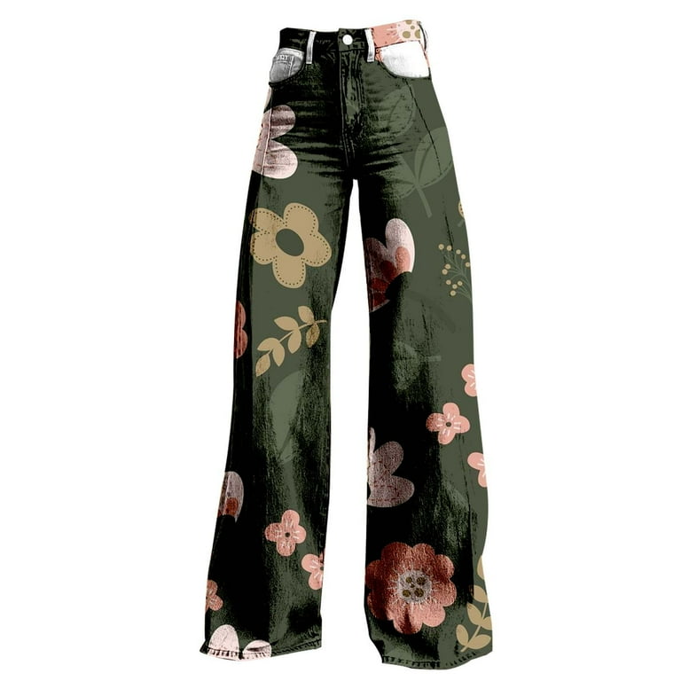 Clearance！ DondPO Patterned Jeans Women's Wide Leg Pant Vintage Floral  Print High Waisted Straight Stretch Pants With Pockets Floral Jeans Womens  