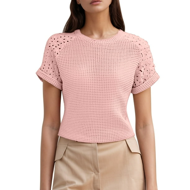 Camiseta informal y elegante de manga corta con cuello redondo y ribete de encaje para mujer, ideal para primavera-verano.