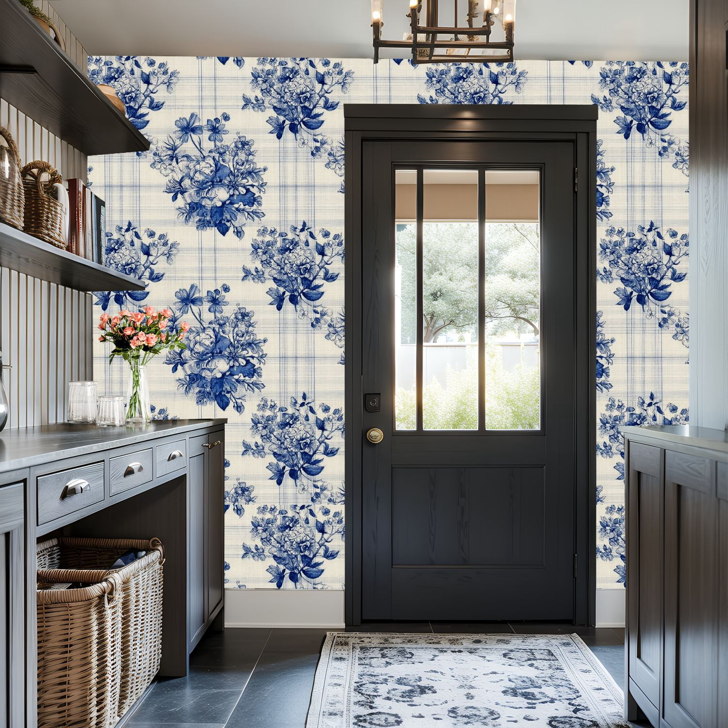 Farmhouse Peel and Stick Wallpaper 17.7in x 9.8ft Blue Floral Roses Wildflowers Contact Paper Vinyl Self-Adhesive Removable Wall Paper for Bedroom Kitchen Cabinet Renter Friendly