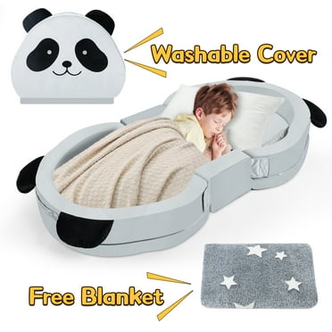 spanspace Foldable Toddler Travel Bed, Portable Floor Bed for Kids with Washable Cover, Toddler Cots for Sleeping with Adorable Panda Design, No Assembly Required, Easy to Carry, Gray