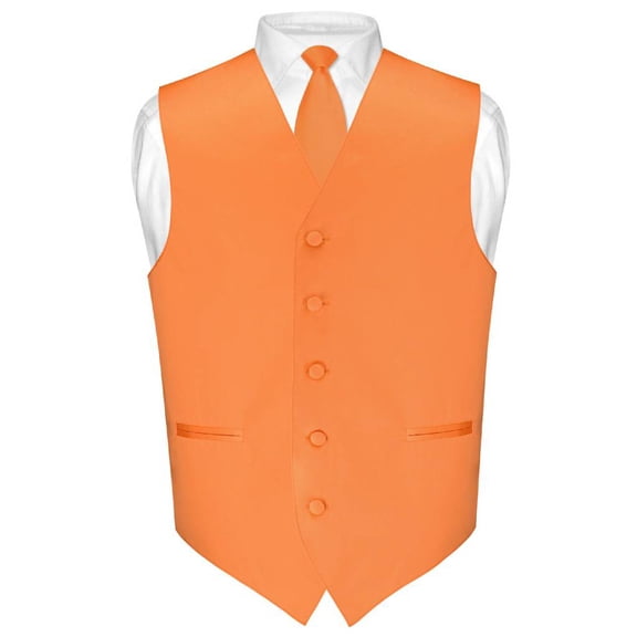 Men's Dress Vest & Skinny NeckTie Solid Orange Color 2.5" Neck Tie Set sz 6XL