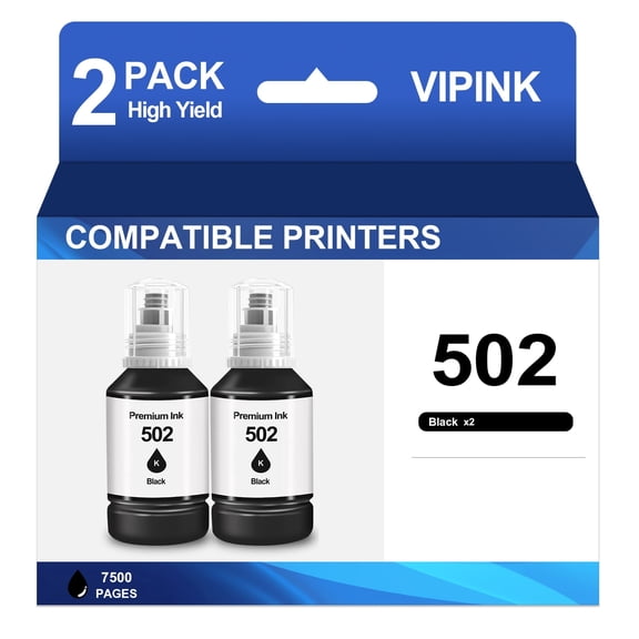 Vipink 502 Ink Bottle Compatible with Epson 502 Ink Bottles for EcoTank ET-4760 ET-3850 Printer (2 Black, 2 Pack)