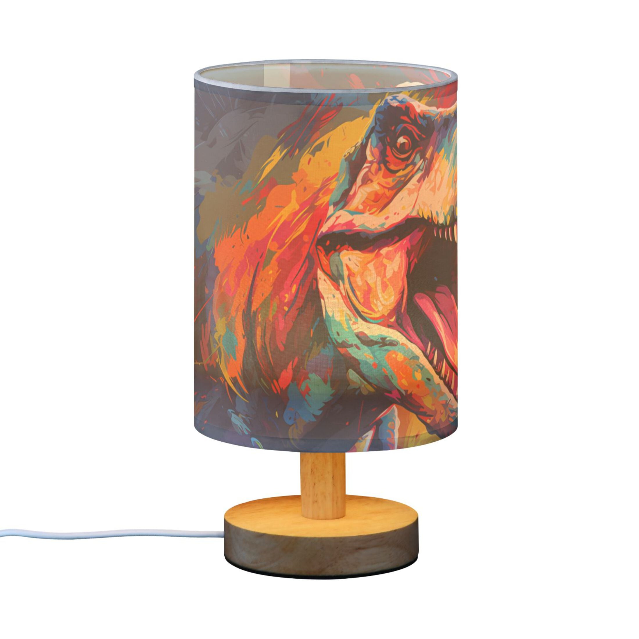 Dinosaur Head Colorful Table Lamp USB Bedside Desk Nightstand Lamp Printed Gifts Small Lamp Wood Base for Bedroom Living Room Kids Room College Dorm