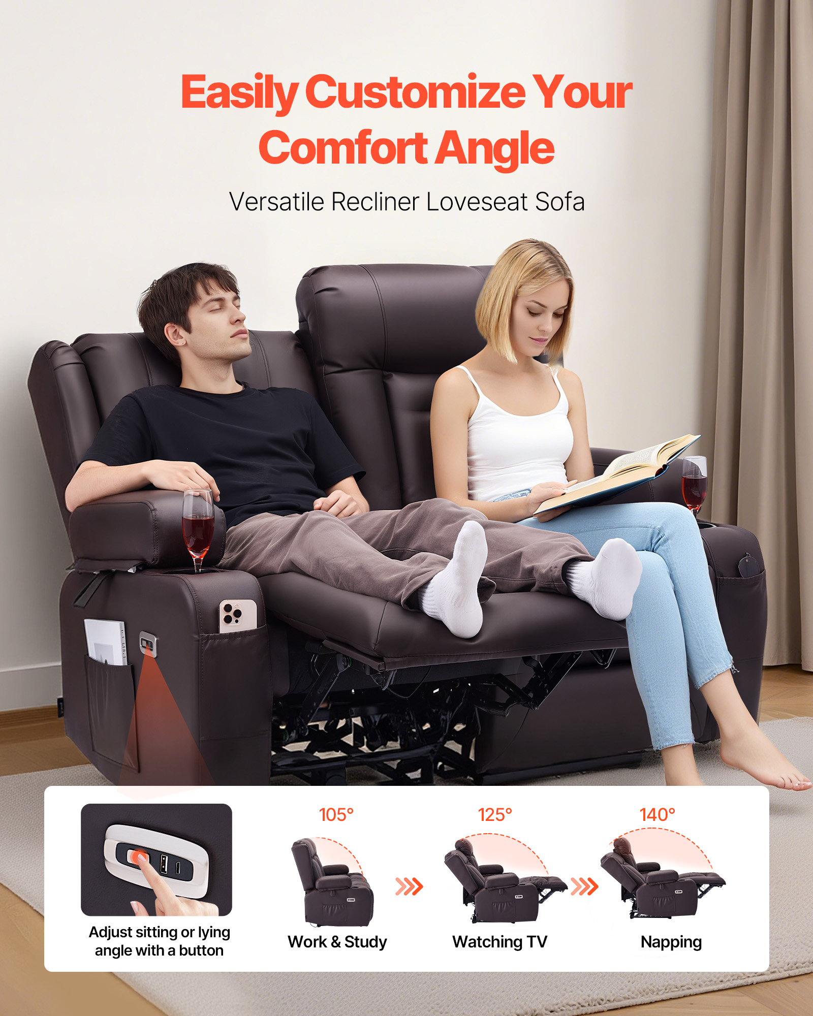VEVOR Loveseat Recliner Sofa, Power Reclining Couch with Heating & Massage and Timer, PU Leather Electric Recliner Sofa with USB Ports, Cup Holders and Side Bags, Dual Loveseat Chair for Living Room