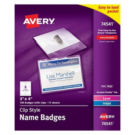 Avery Clip Name Badges, Print or Write, 3