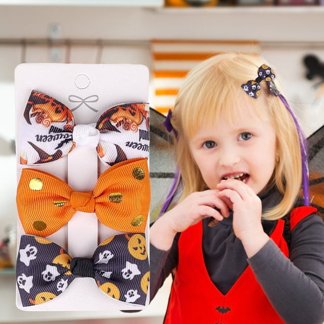 Halloween Children's Bow Hairpin Set With Printed Halloween Elements, 3PC In A Pack