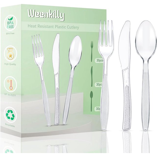 Plastic Cutlery Set 90 Pieces,30 Plastic Forks,Knives and Plastic Spoons,Reusable Plastic Cutlery Transparent and Robust Cutlery Sets for Birthday Party Barbecue Party Wedding ect (Transparent)