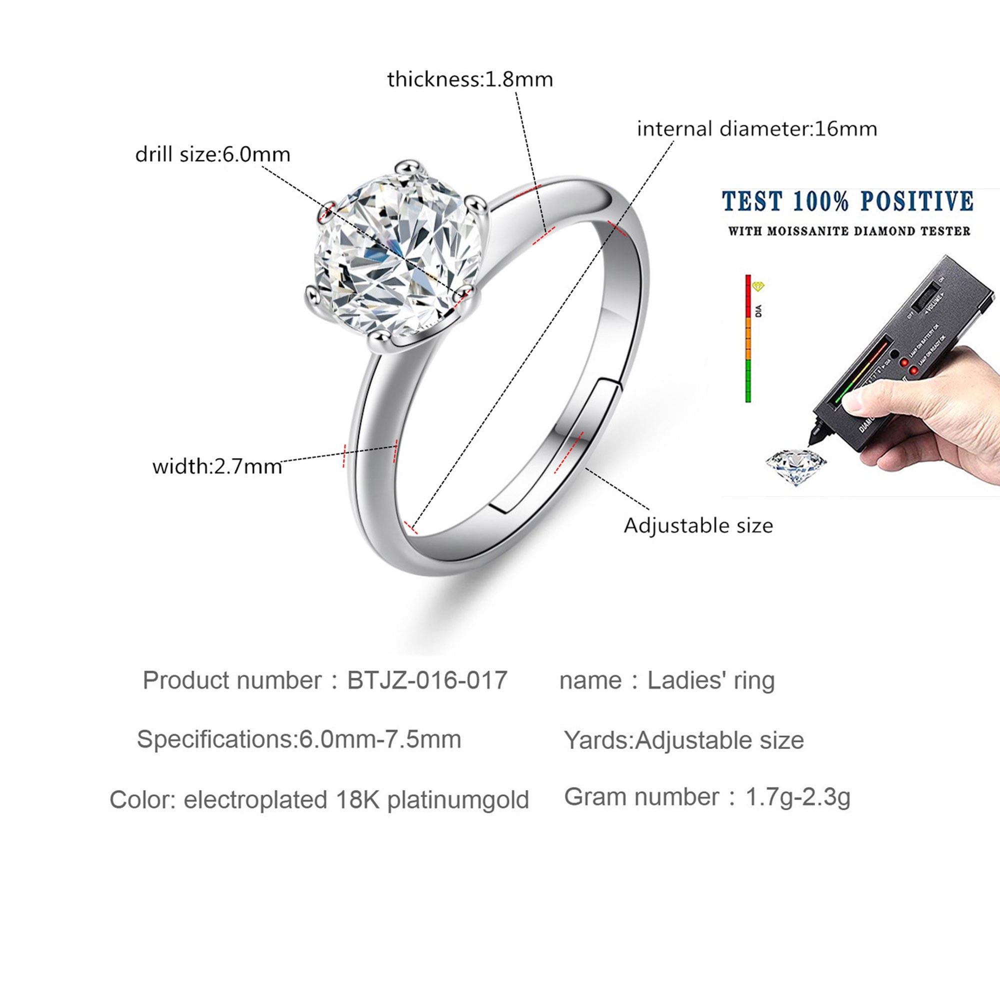 0.8 CT Moissanite Diamond for Women Engagement Ring D Color VVS1 Jewelry 18k White Gold Over Silver Rings with Adjustable Open
