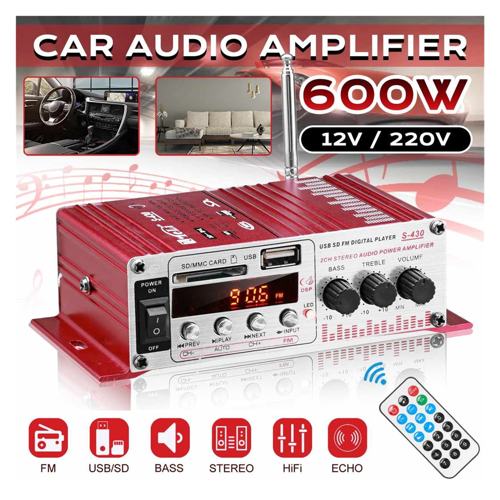 S430 600W Audio Home Digital Amplifiers LCD Display Car Audio Bass Power Amplifier FM USB SD Radio Subwoofer Speakers