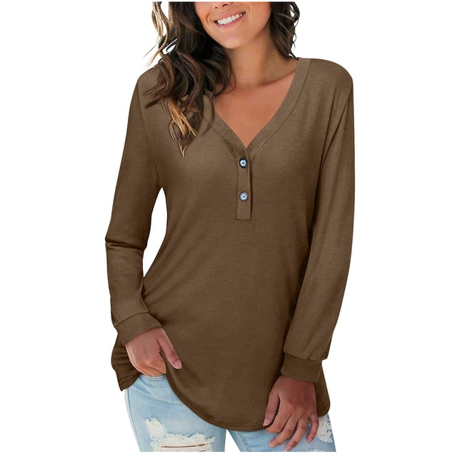 CEHVOM Women's Solid Color V-Neck Button Causal Long Sleeve Tops Blouse Loose Clearance