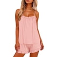 thumbnail image 3 of Women's Solid Satin Bridal Two Piece Pajama Sets, Ruffle Spaghetti Strap Tank Top & Elastic Waist Shorts, Romantic Glossy Fabric Ideal For Wedding Spa Daily | TruHer,Pink S, 3 of 7