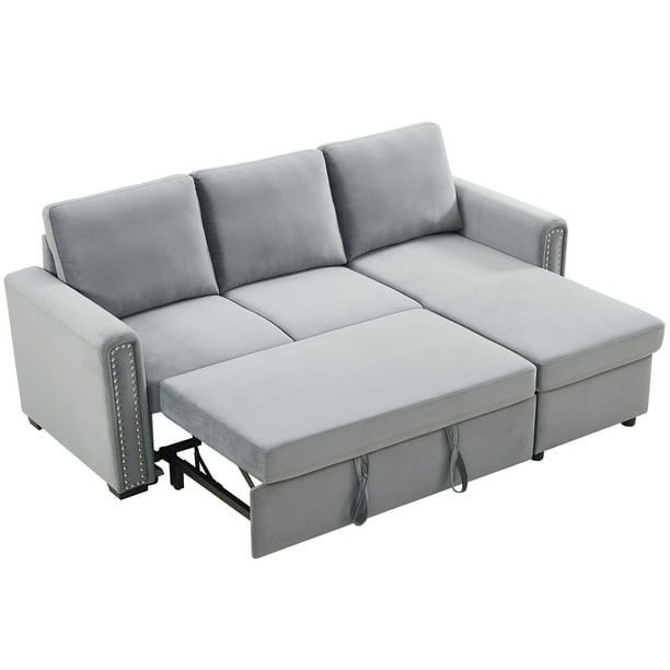 Linen Fabric Reversible Sleeper Sectional Sofa 3 Seater L Shape Corner Couch Bed With Storage For Living Room Light Gray Com Linen Fabric Reversible Sleeper, 3 Seater Pull Out Sofa Bed With Storage
