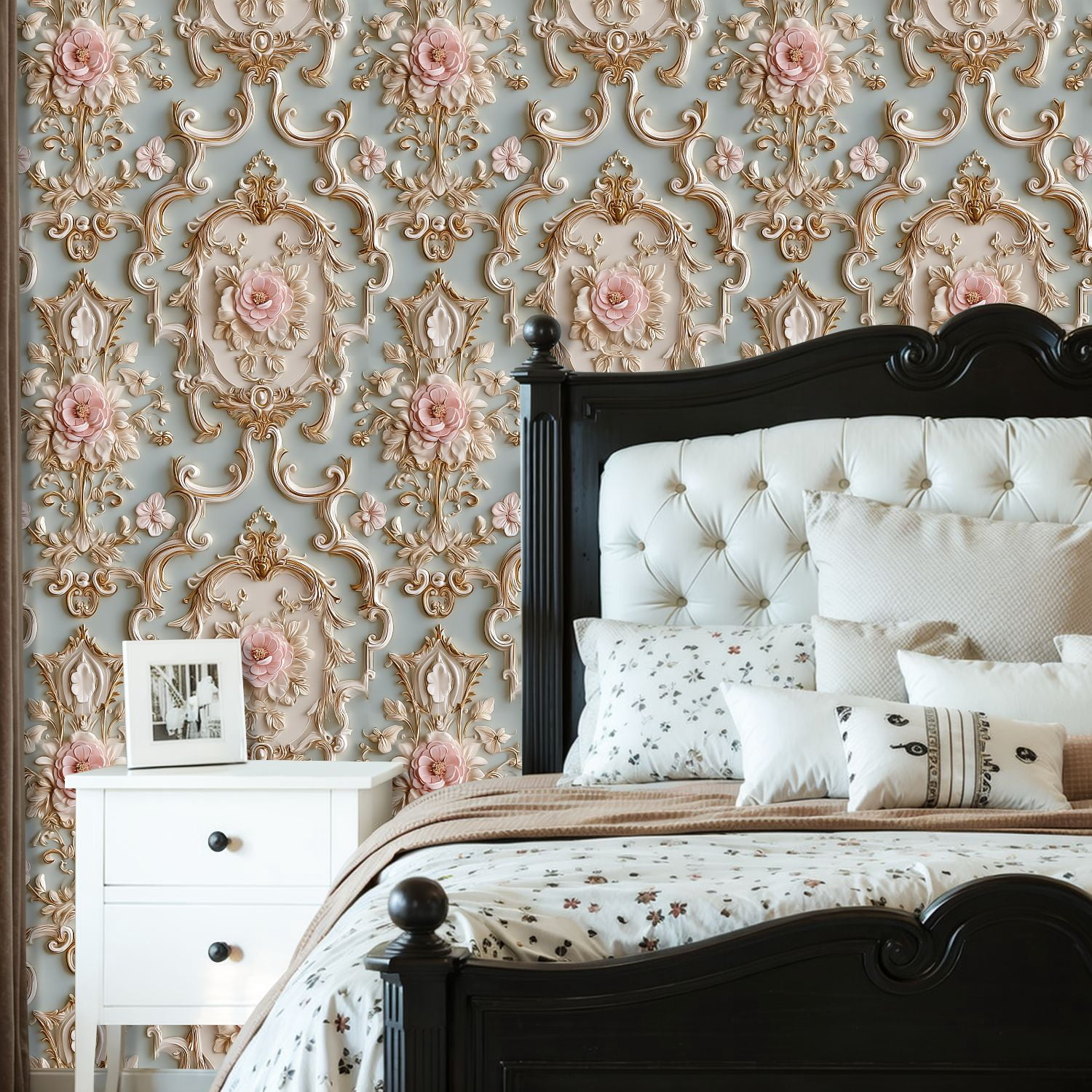 Peel and Stick Wallpaper Ornate Floral Design Soft Pink Flowers Gold Accents Elegant Blue Wall Mural 23.6in x 9.8ft Self Adhesive Removable Wall Paper Renter Friendly Wallpaper for Bedroom