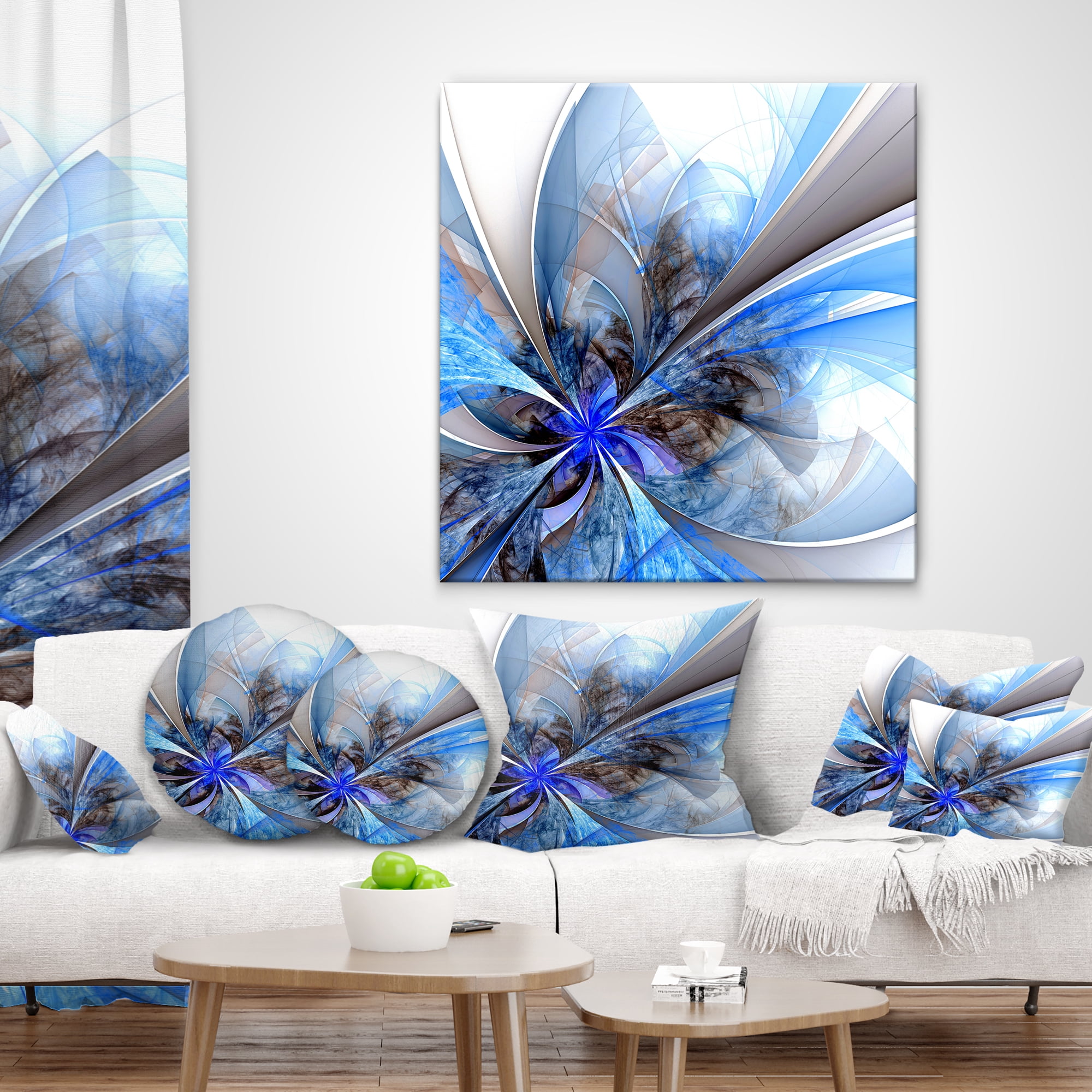 Designart Symmetrical Large Blue Fractal Flower - Floral Throw Pillow - 18x18