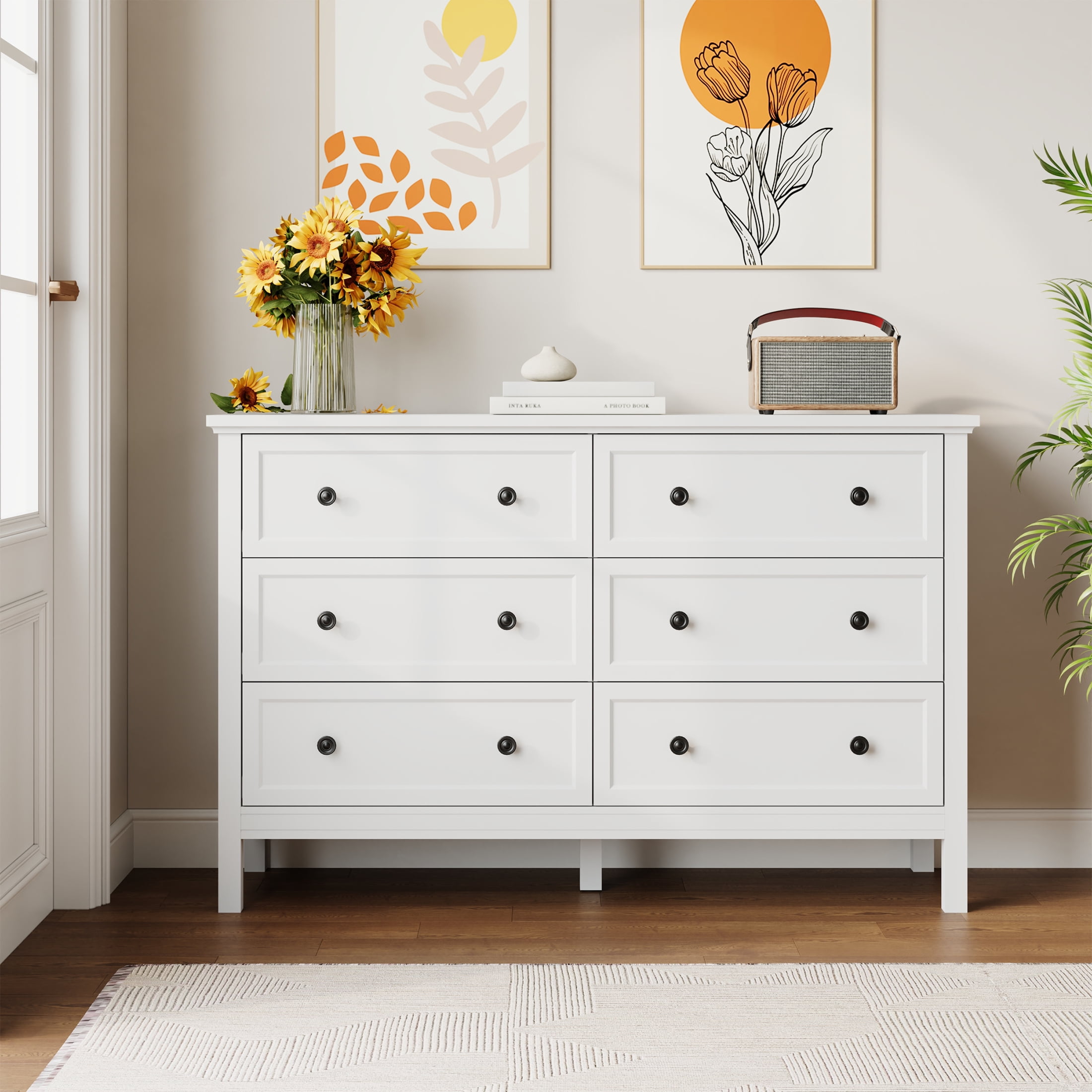 YouTrend White Dresser with 6 Drawer for Bedroom,Traditional Adult Chest of Drawers with Golden Handles for Living Room,Hallway