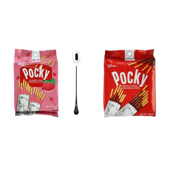 NineChef Bundle - Glico Pocky Family Fun Pack 3.81 oz & 3.81 oz 9 packs (Chocolate and Strawberry Pack of 2) Plus One NineChef Brand Long Handle Coffee Spoon