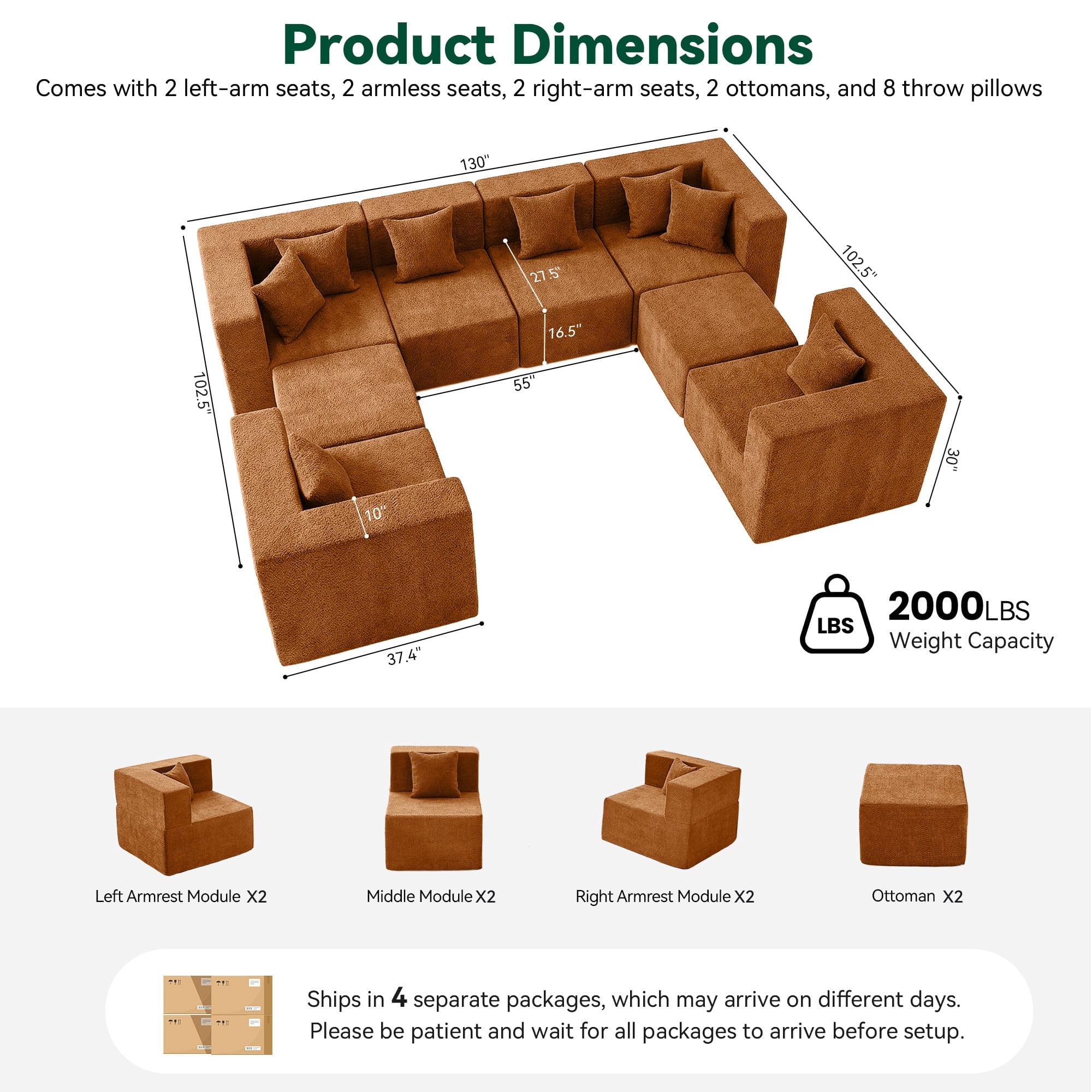 BEHOST 130" 8-Piece Modular Sectional Sofa with Ottomans, U-Shaped Pit Couch for Living Room, ModernTeddy Fabric Cloud Couch Set, Large Sleeper Sofa with Deep Seats, Rust Red