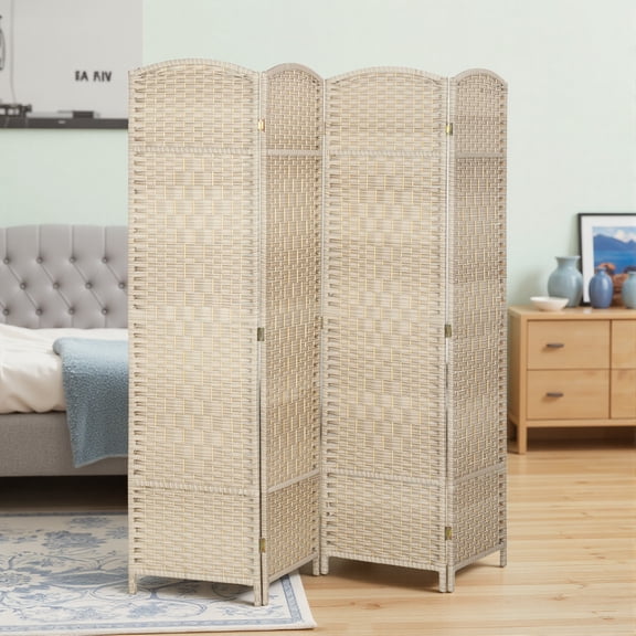 HOMCOM 4 Panel Room Divider, 6' Tall Folding Privacy Screen, Hand-Woven Freestanding Wood Partition for Home Office, Bedroom, Washed Oak