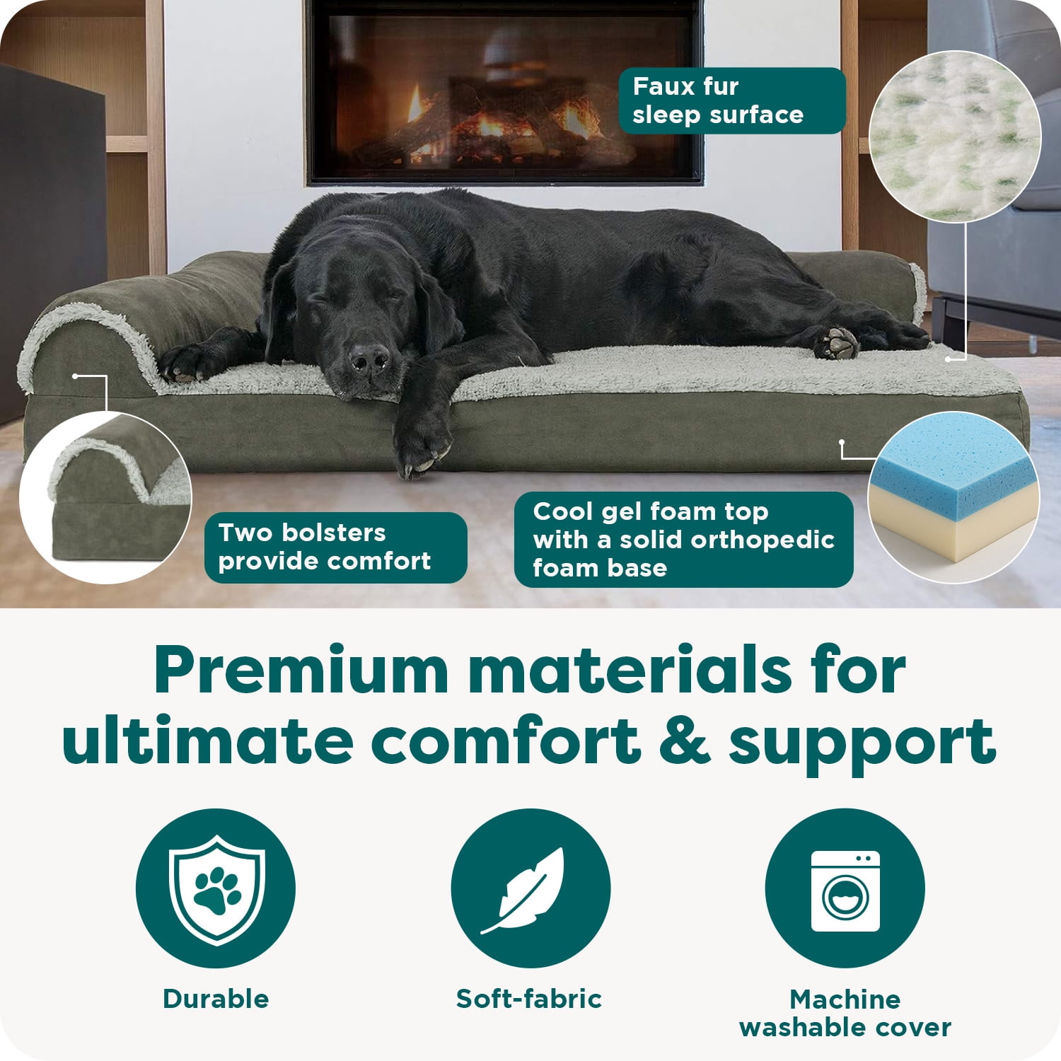 Furhaven Cooling Gel Dog Bed for Large Dogs w/ Removable Bolsters & Washable Cover, For Dogs Up to 95 lbs - Two-Tone Plush Faux Fur & Suede L Shaped Chaise - Dark Sage, Jumbo/XL