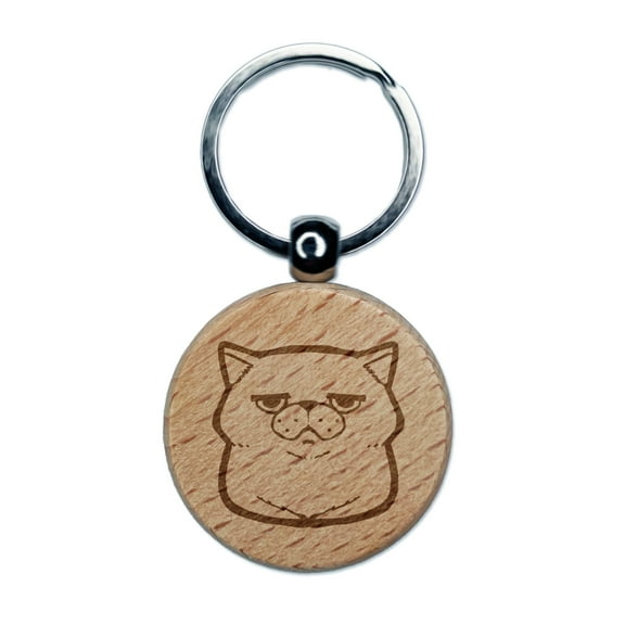 Unamused and Unhappy Cat Loaf Round Keychain Charm Tag - Engraved Wood