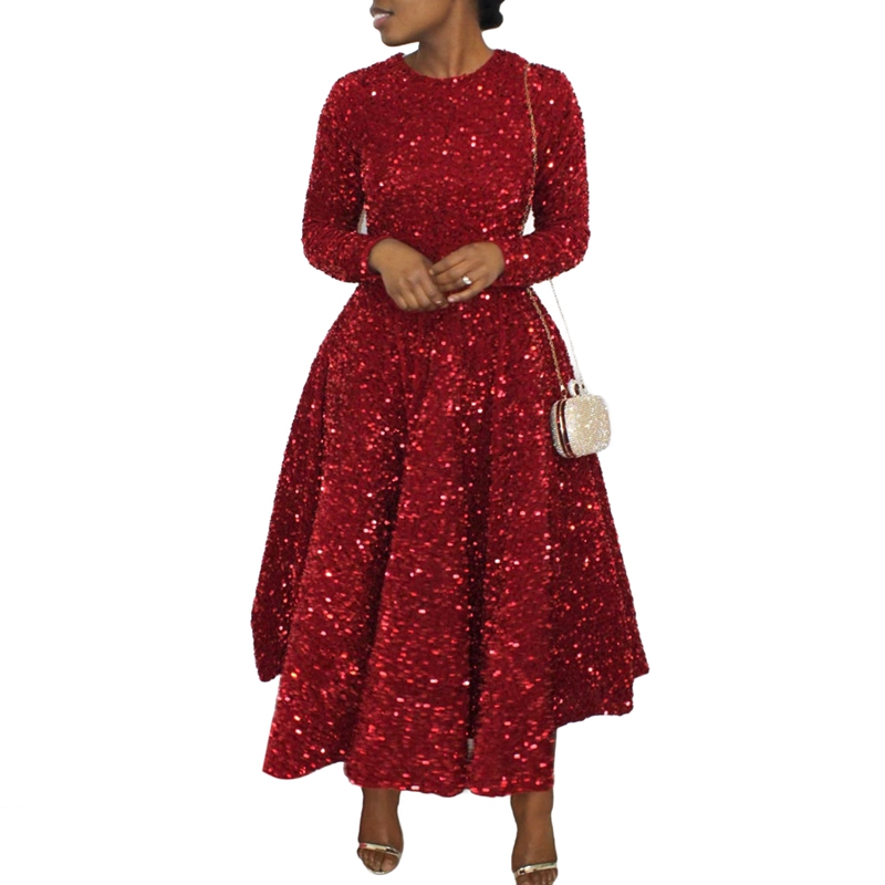 Women'S Sequin Plus Size Long Sleeve A-Line Flared Party Cocktail Sparkle Glitter Evening Shiny Maxi Dress Red L