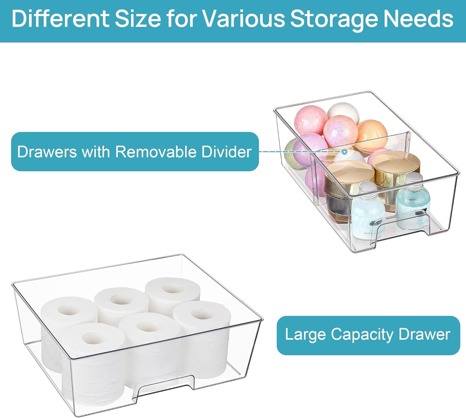 Stackable Storage Drawers, Easily Assemble Acrylic Bathroom Undersink Organizers, Clear Plastic Storage Bins for Closet, Cabinet, Pantry Organization