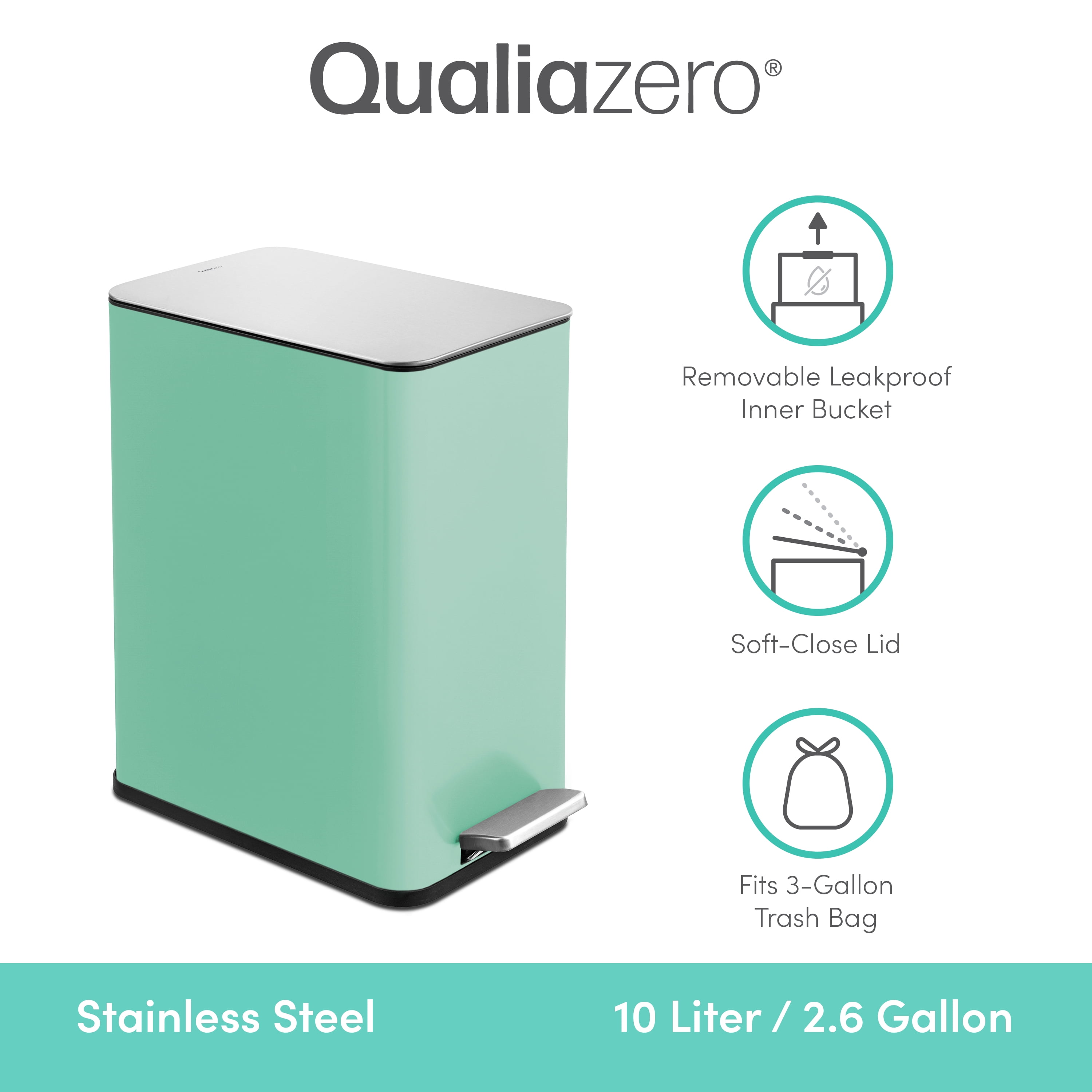 Qualiazero 2.6 Gallon Trash Can, Stainless Steel Step Bathroom Trash Can, Mint