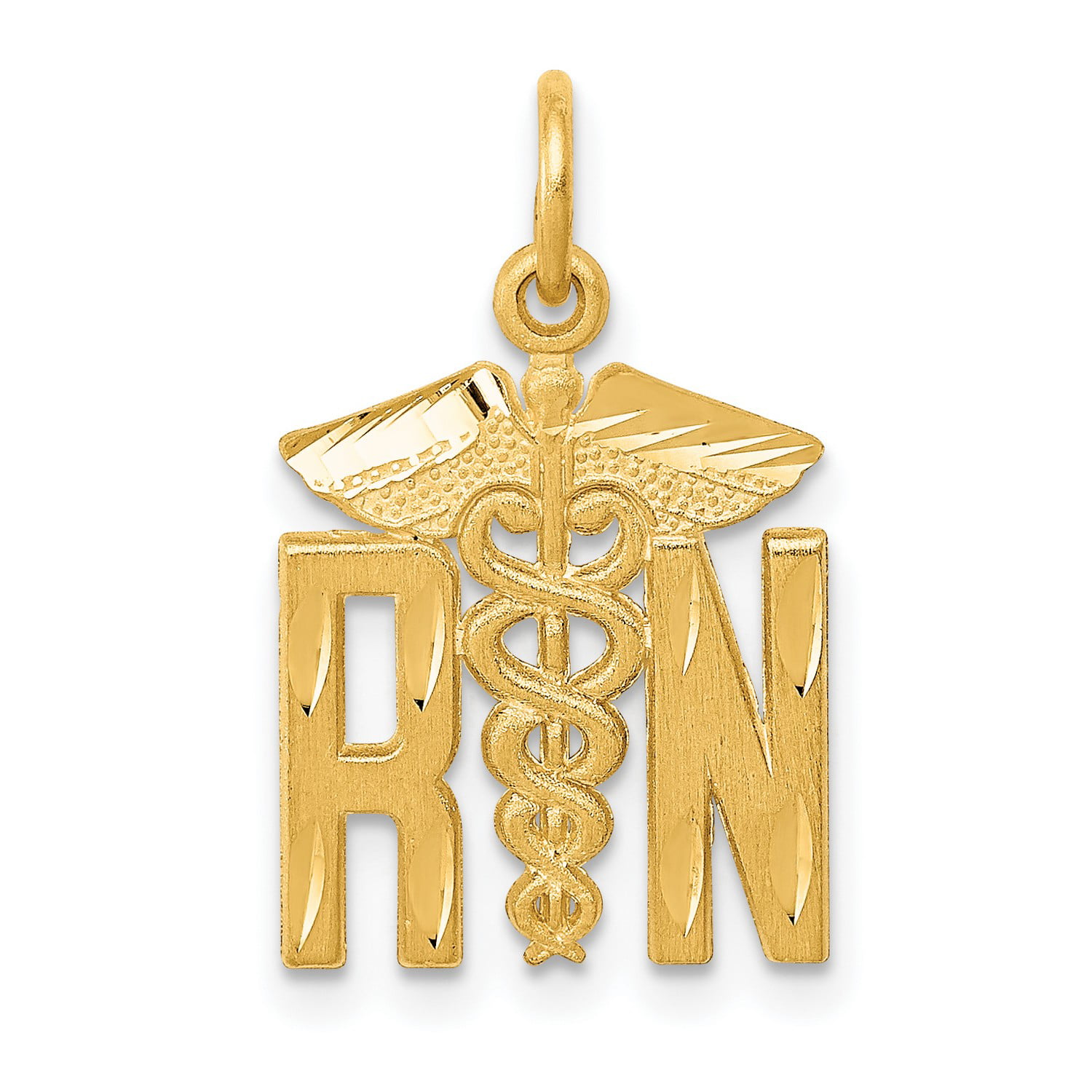 14k Yellow Gold Satin Registered Nurse RN Letters With Caduceus Medical Symbol Charm 20x12mm 
