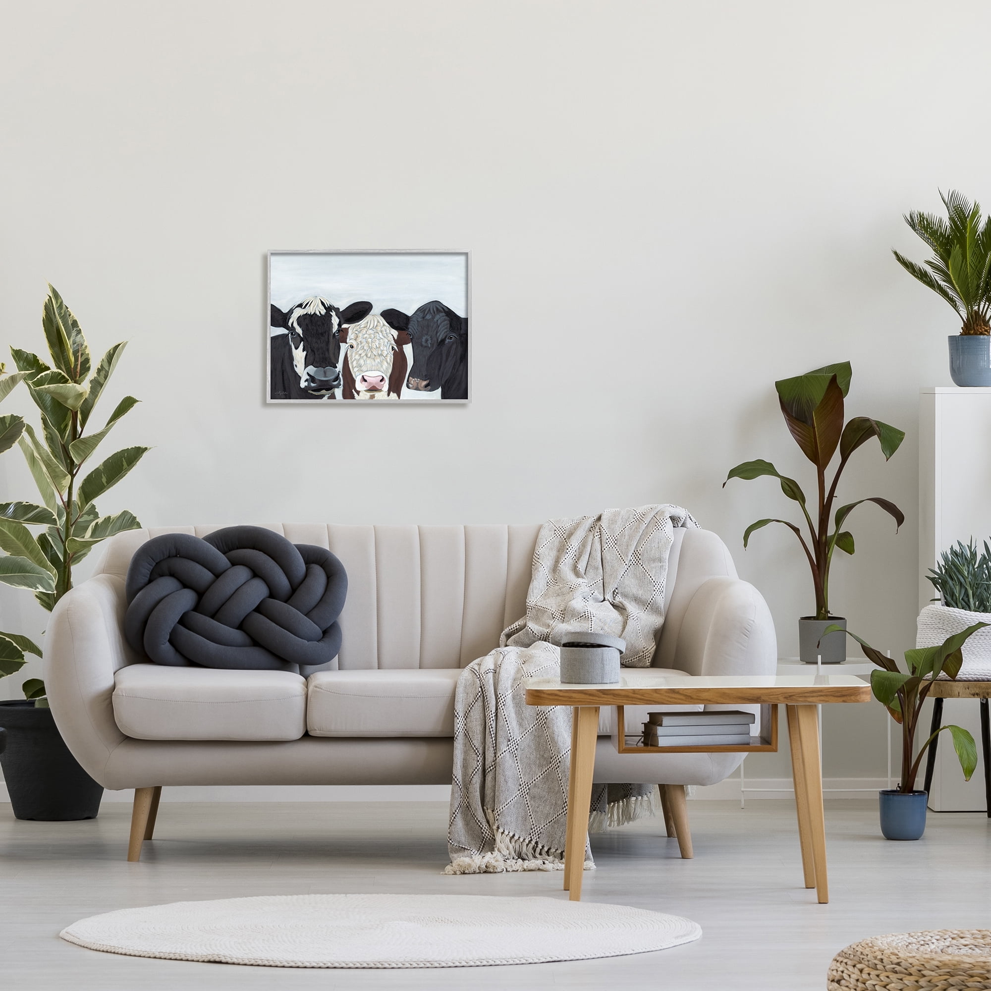Stupell Three Cows Fun Farmhouse Portrait Animals & Insects Painting Gray Framed Art Print Wall Art