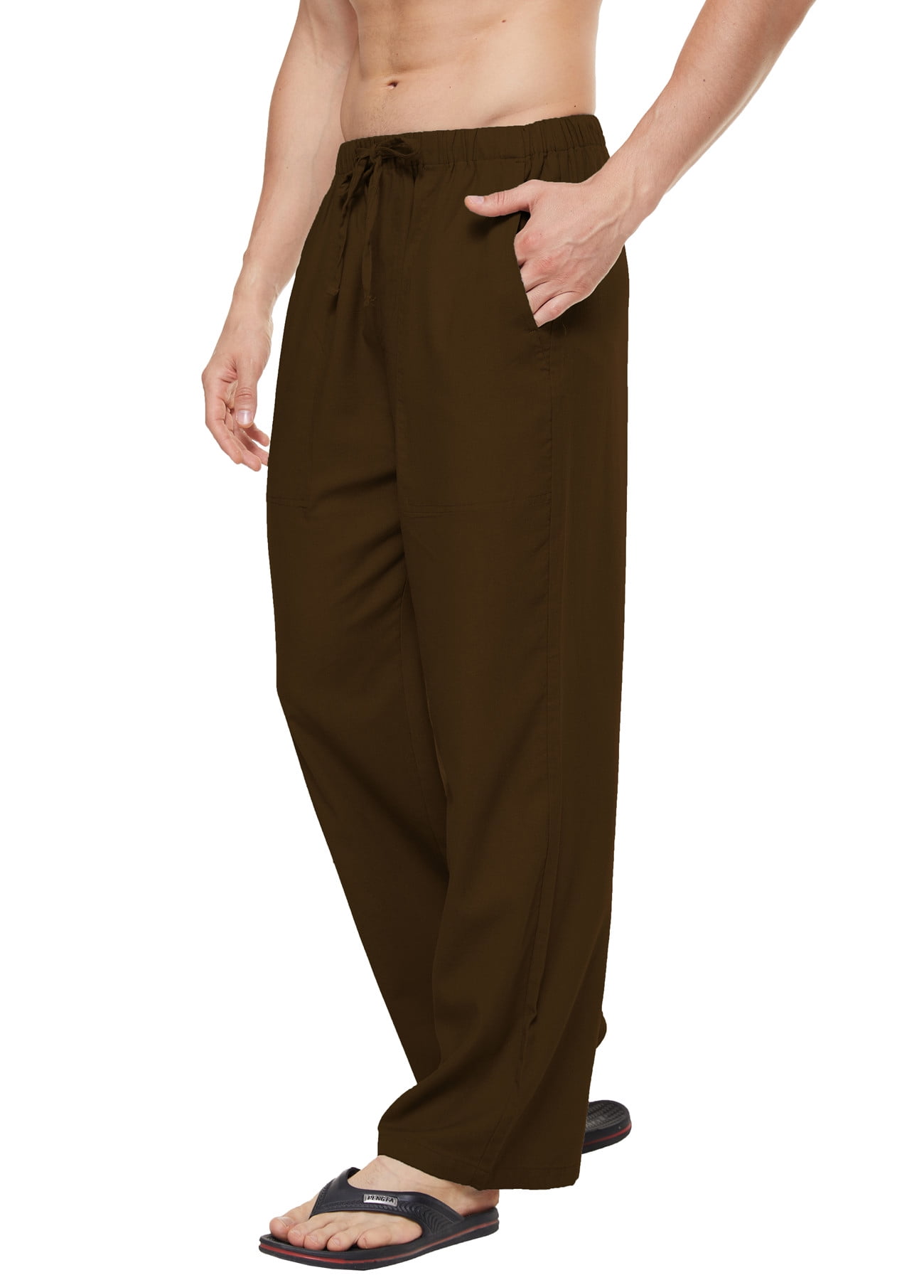 QPNGRP Men's Casual Beach Pants Drawstring Cotton Linen Loose Open