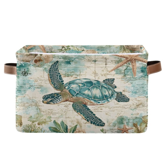 Ryvnso Retro Sea Turtle Storage Basket Large Bin Foldable Boxes Toys Organizer 14.2x10.2x8.3in 1 PC