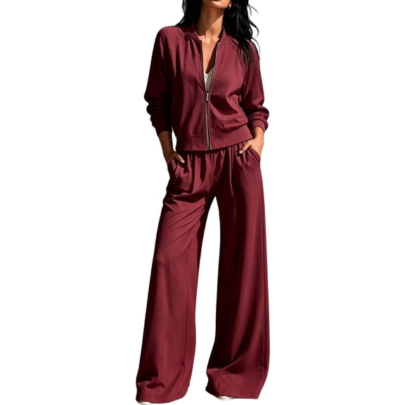 2 Piece Sets for Women Zip Up Mock Neck Jacket and Wide Leg Pants Tracksuit Regular Breathable Athleisure Outfits ,L