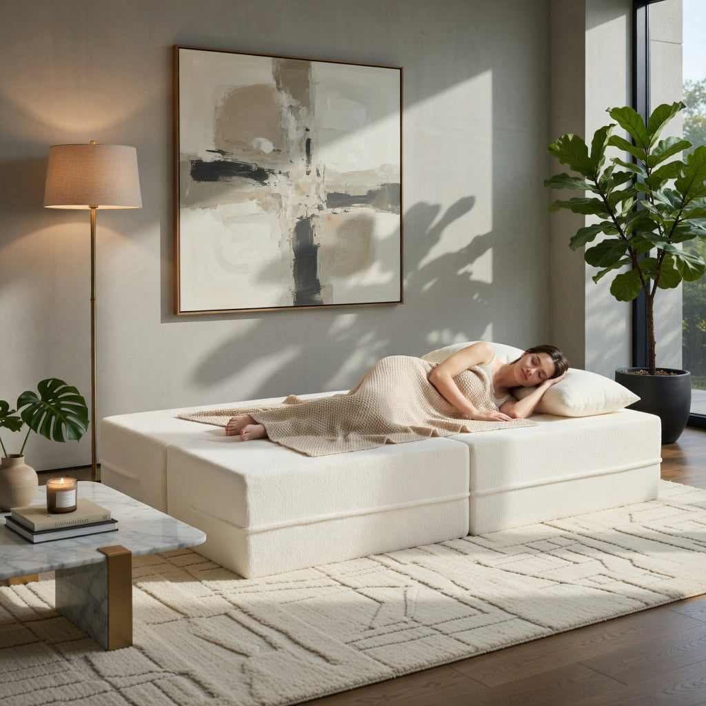 Hommoo 75.5" 2-in-1 Folding Sofa Bed, Teddy Fleece Convertible Floor Loveseat with Removable Washable Cover, Ergonomic Curved Design & 2 Plush Pillows, Beige