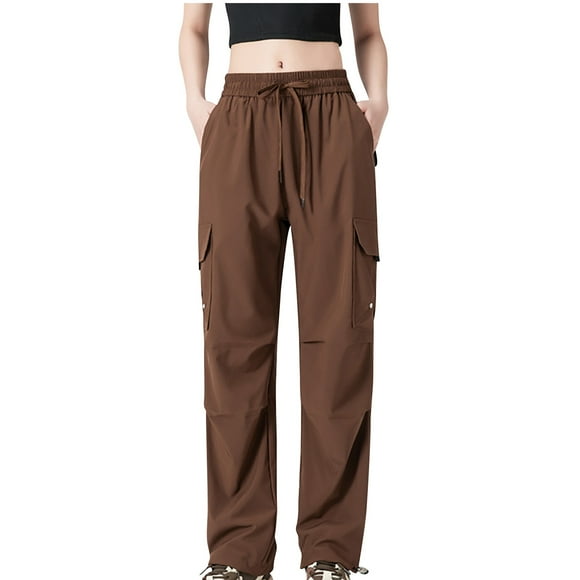 Lenpel Cargo Pants for Women High Waisted Drawstring Wide Leg Pants Athletic Travel Hiking Pants Baggy Streetwear Casual Trousers(Coffee,4X-Large)