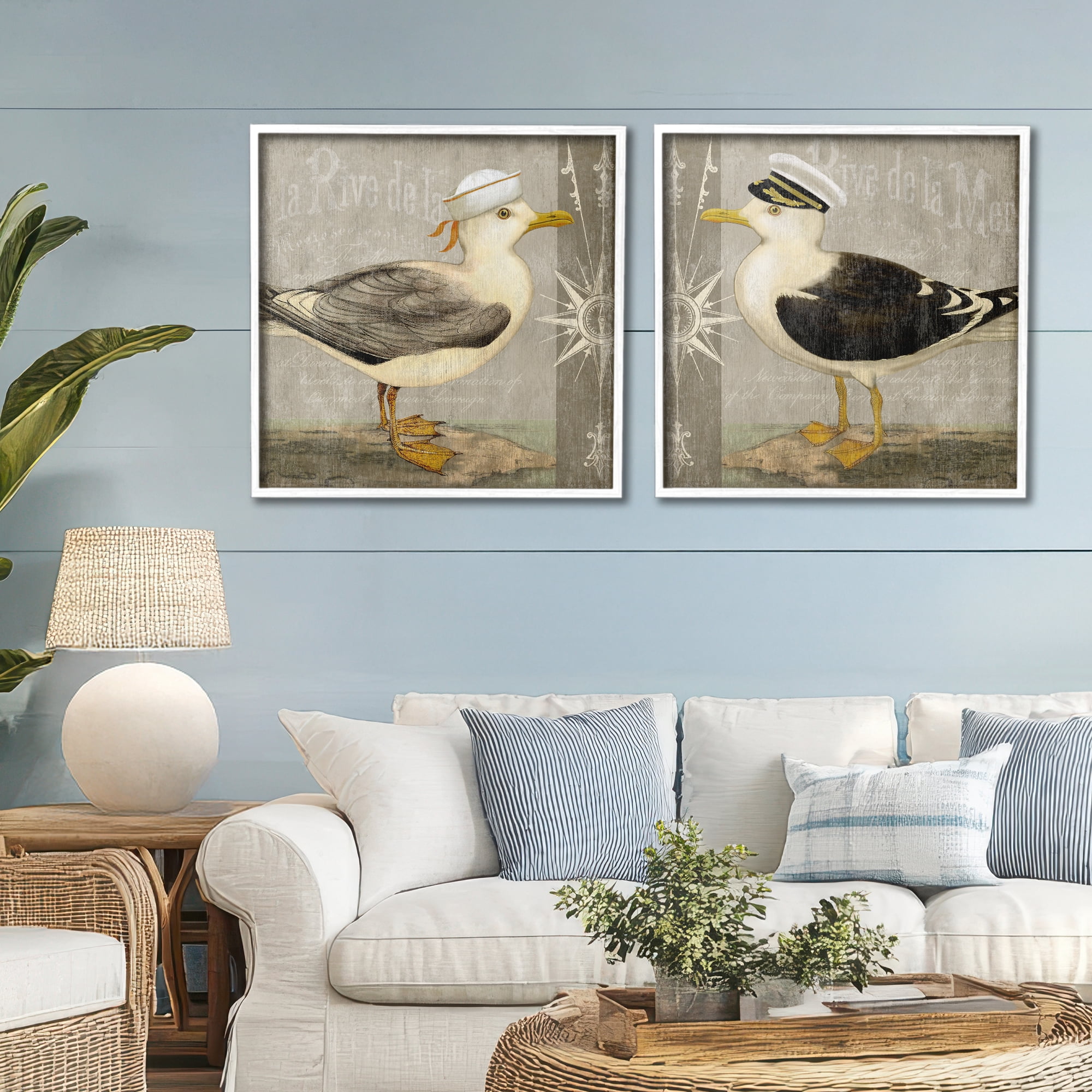 Stupell Industries Little Seagulls with Hats 2 Piece White Framed Giclee Art Set, design by Suzanne Nicoll