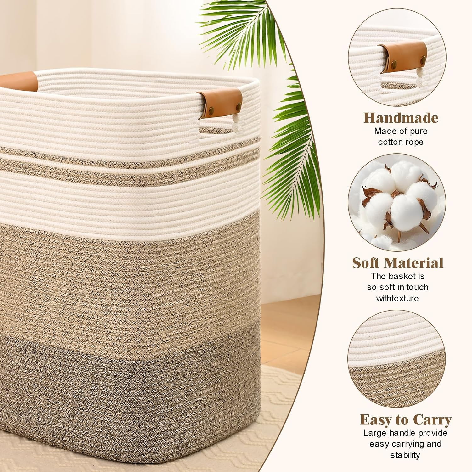 Natubeau 95L Tall Woven Rope Laundry Basket, Sturdy Decorative Storage Bin